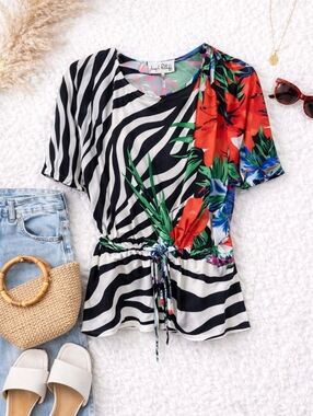 Joseph Ribkoff Y2K Zebra Floral Blouse Asymmetrical Top Drawstring Waist Size 16